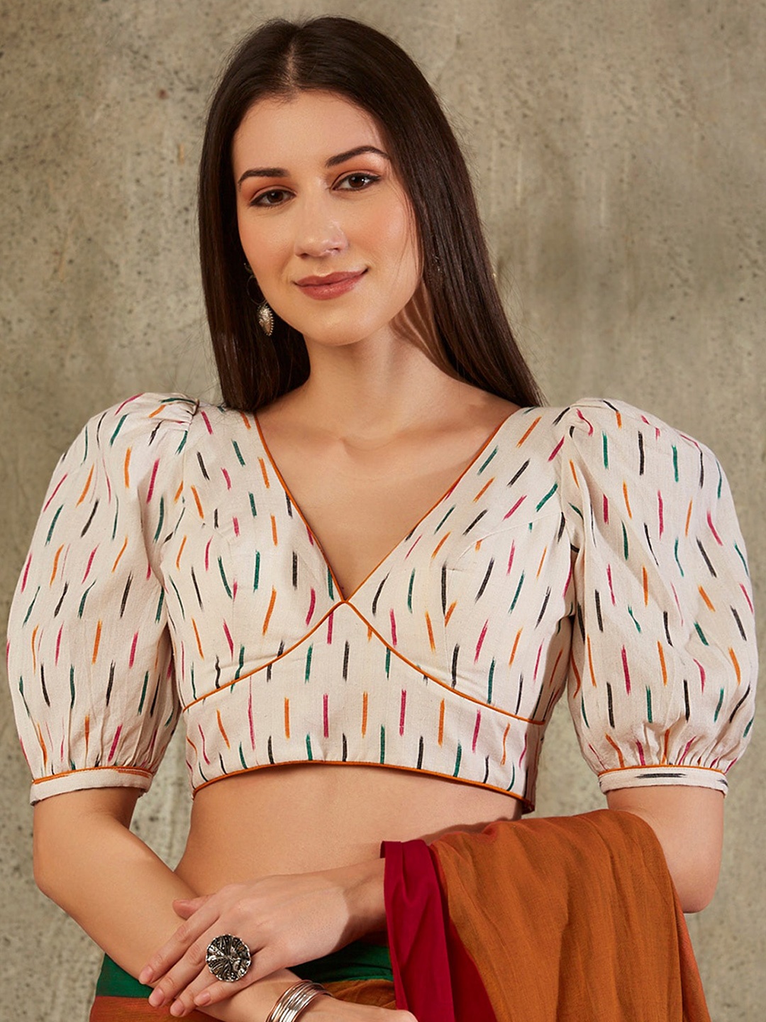 

SALWAR STUDIO Ikat Printed Cotton Saree Blouse, White