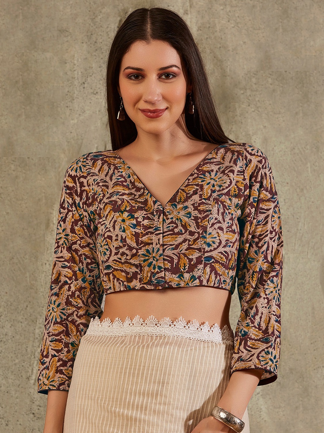 

SALWAR STUDIO Printed Cotton Kalamkari Saree Blouse, Maroon