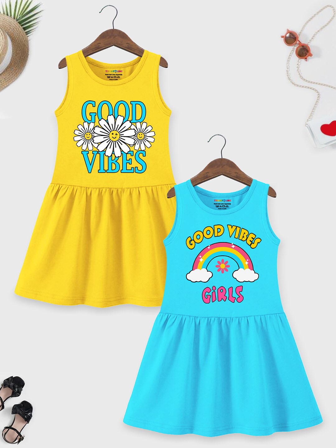 

Trampoline Girls Pack of 2 Typography Printed Cotton A-Line Dress, Yellow