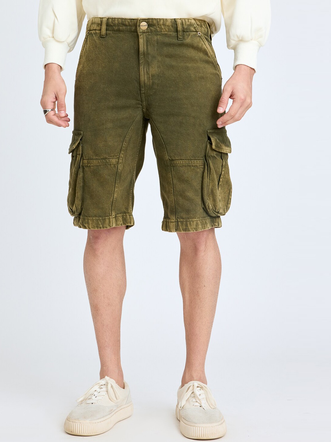 

FREAKINS Men Washed High-Rise Pure Cotton Cargo Shorts, Olive