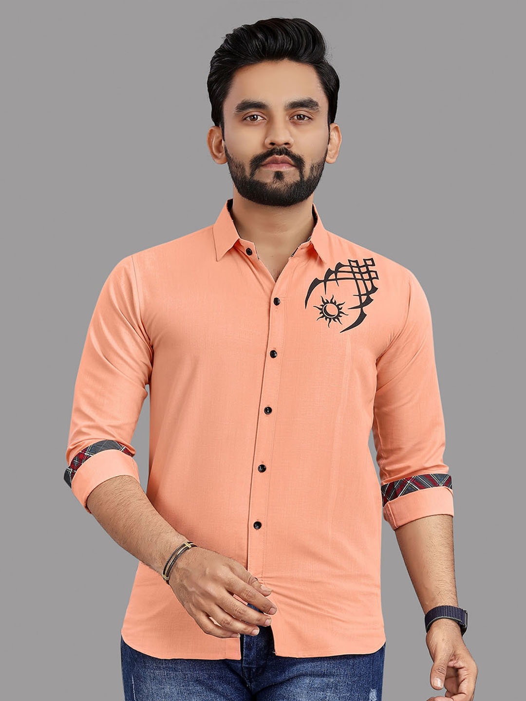 

N AND J Relaxed Opaque Abstract Printed Cotton Casual Shirt, Peach