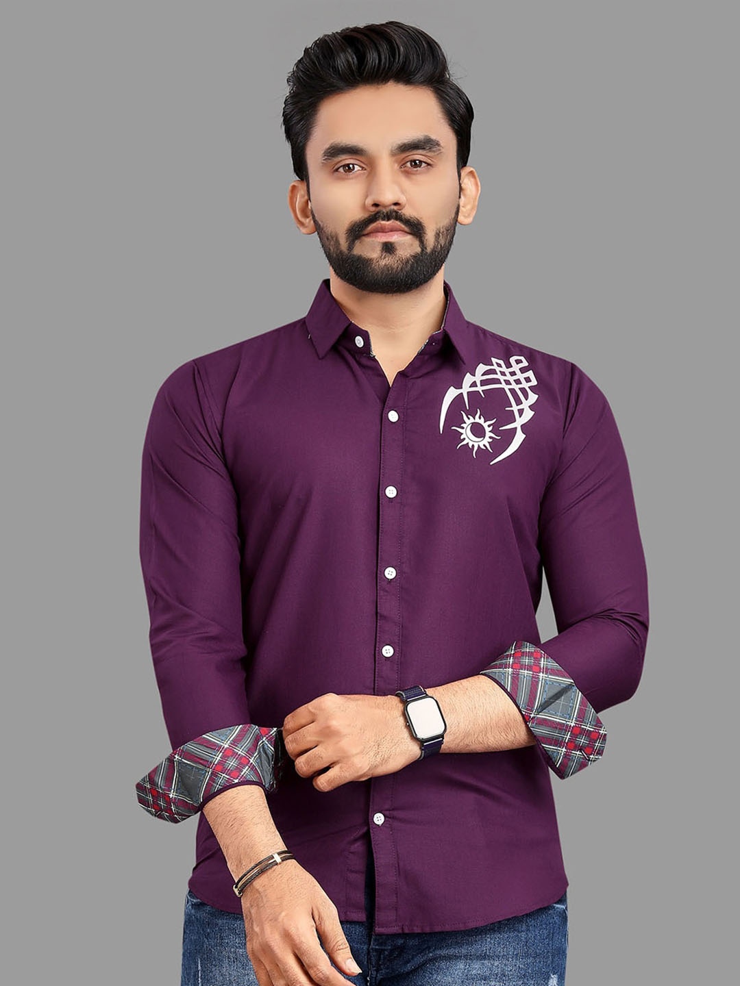 

N AND J Relaxed Opaque Abstract Printed Cotton Casual Shirt, Purple