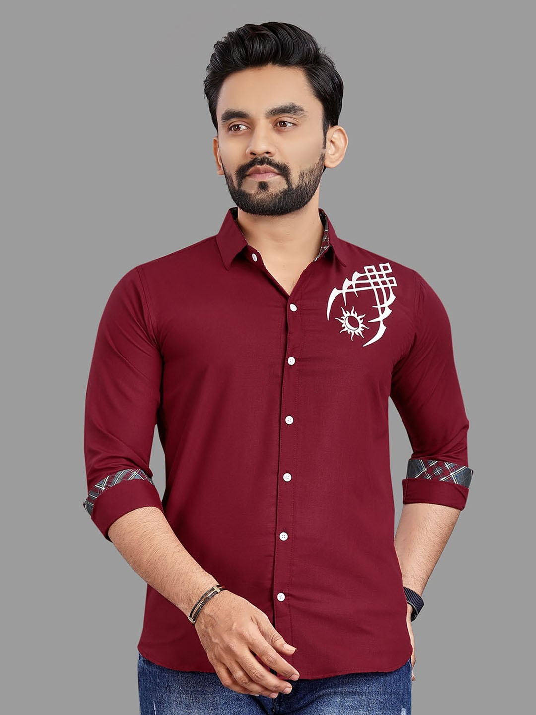 

N AND J Relaxed Opaque Abstract Printed Cotton Casual Shirt, Maroon