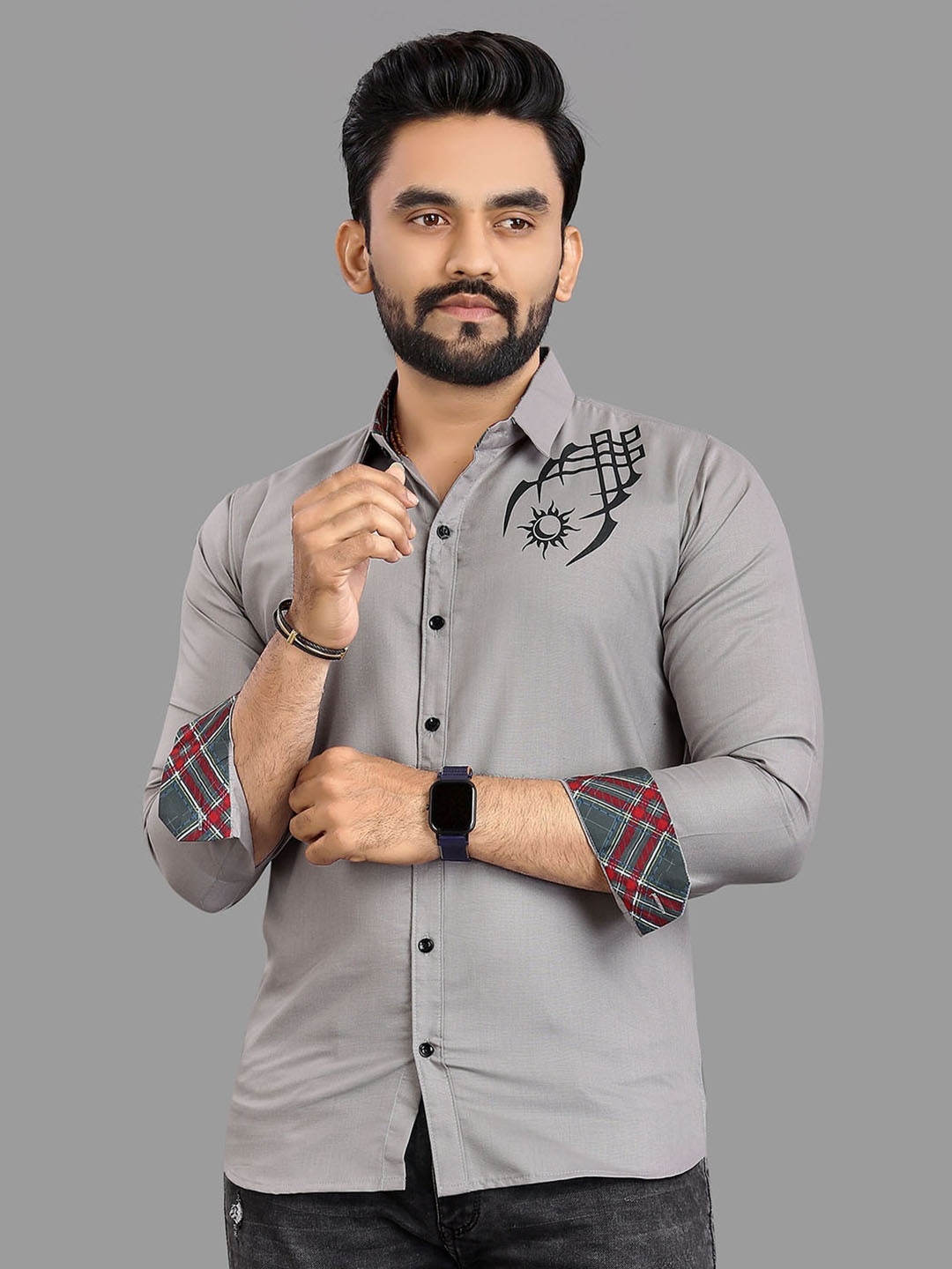 

N AND J Relaxed Opaque Abstract Printed Cotton Casual Shirt, Grey