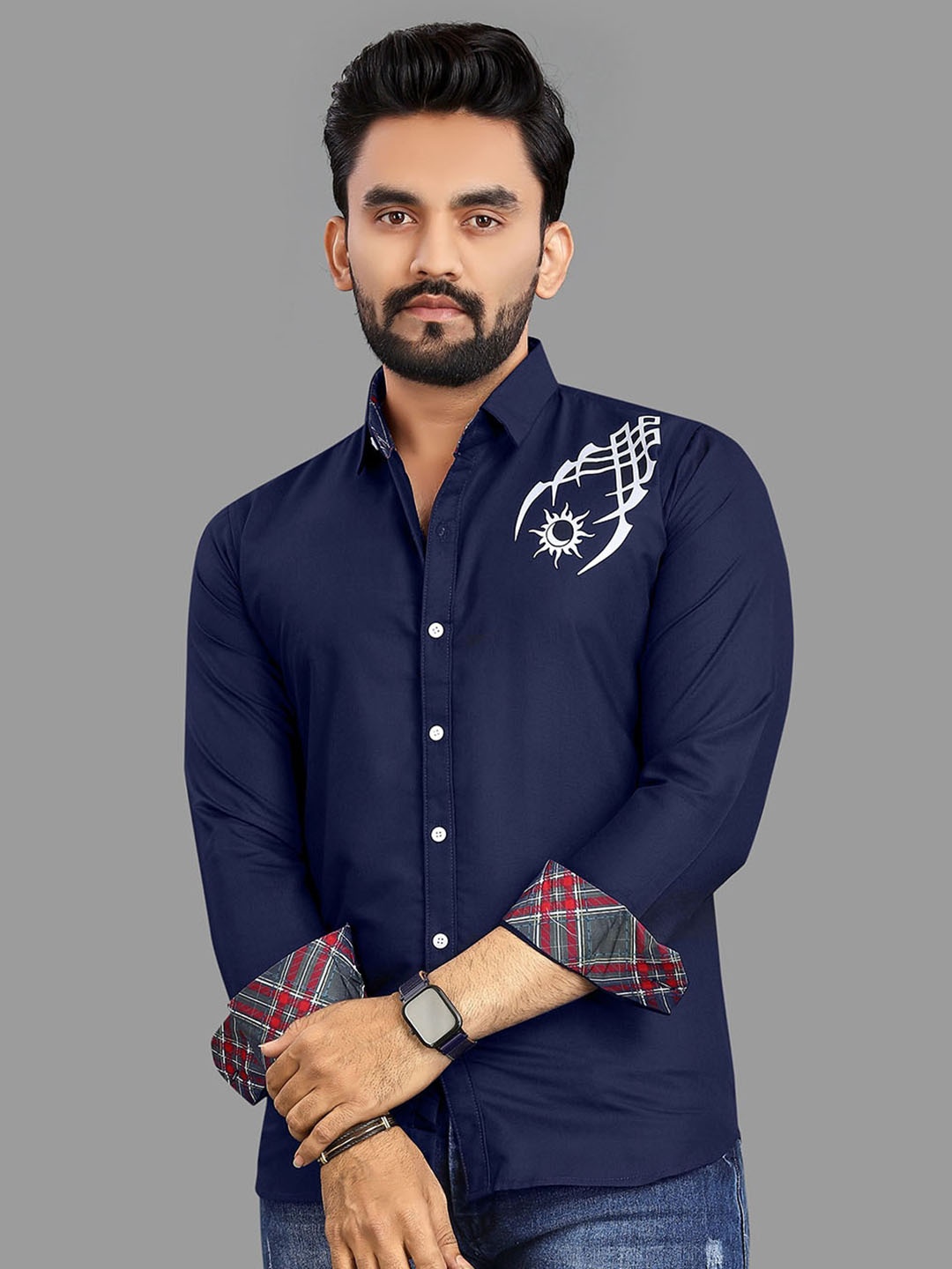 

N AND J Relaxed Opaque Abstract Printed Cotton Casual Shirt, Navy blue