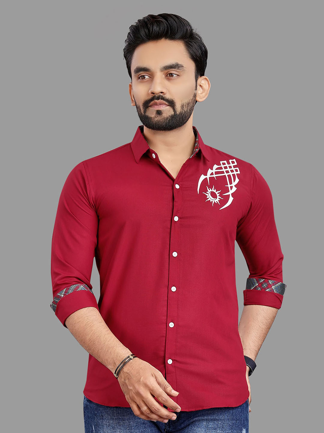 

N AND J Relaxed Opaque Abstract Printed Cotton Casual Shirt, Red