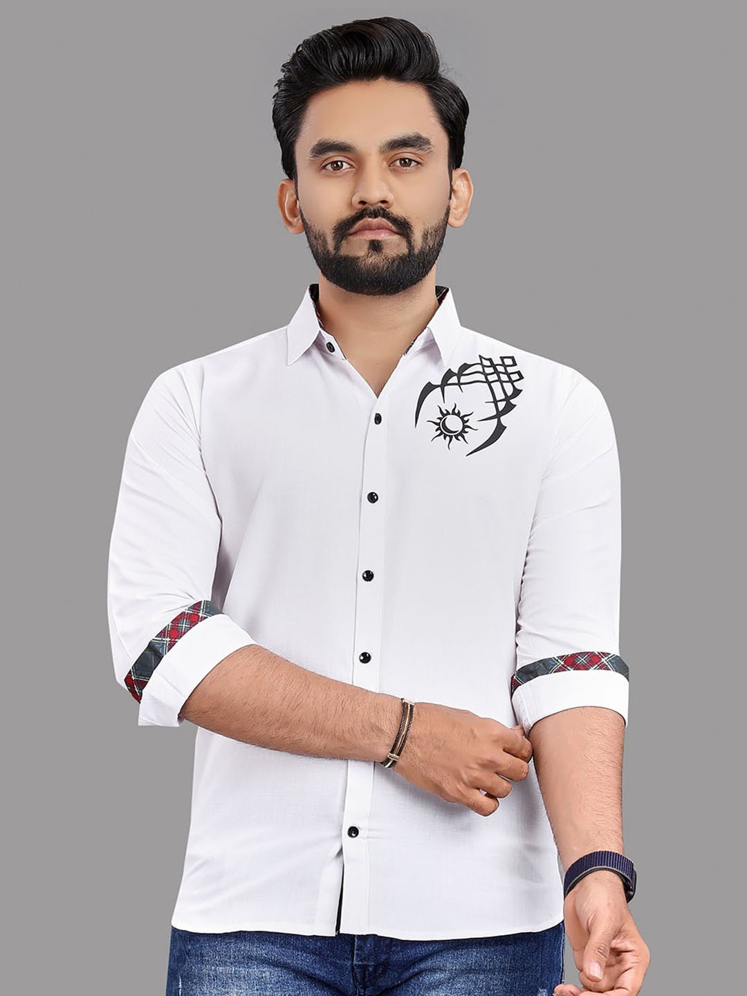 

N AND J Relaxed Opaque Abstract Printed Cotton Casual Shirt, White