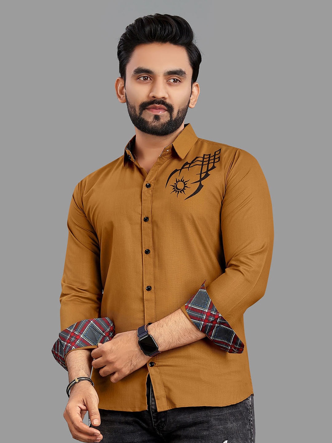 

N AND J Relaxed Opaque Abstract Printed Cotton Casual Shirt, Khaki