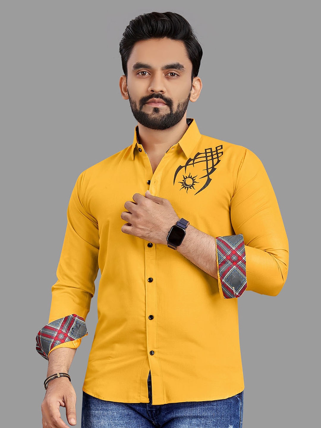 

N AND J Spread Collar Long Sleeves Relaxed Cotton Regular Fit Casual Shirt, Yellow