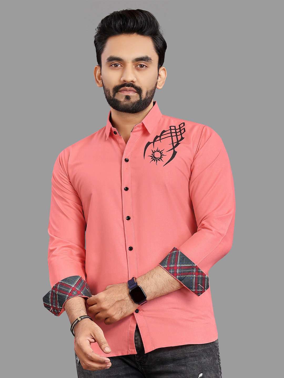 

N AND J Spread Collar Long Sleeves Relaxed Cotton Regular Fit Casual Shirt, Coral