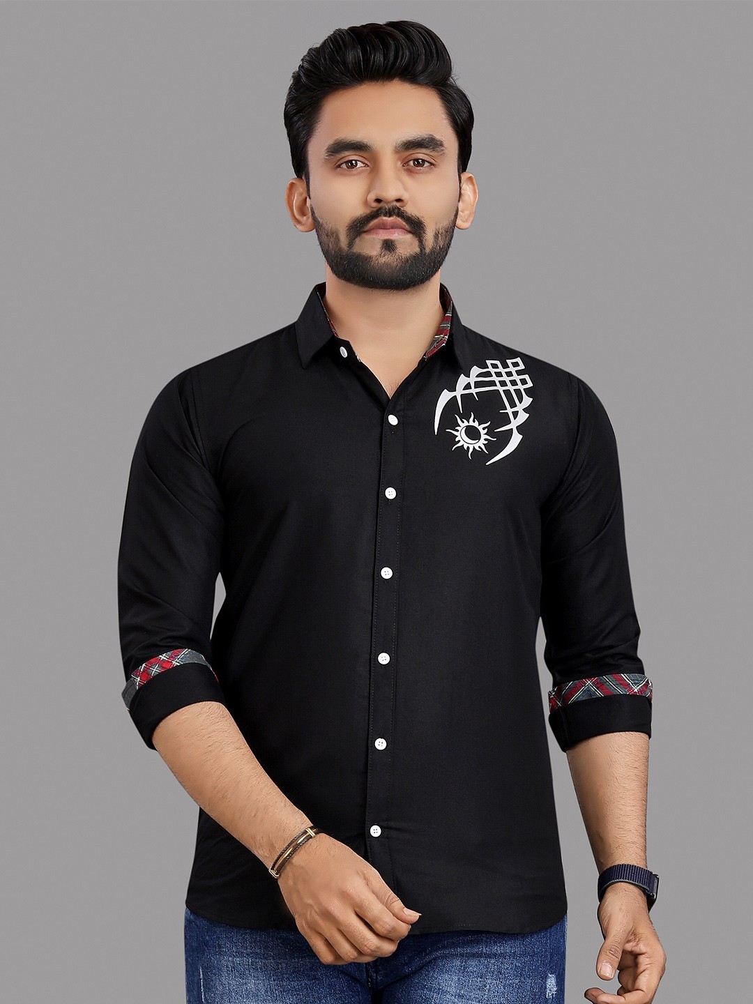 

N AND J Spread Collar Long Sleeves Relaxed Cotton Regular Fit Casual Shirt, Black