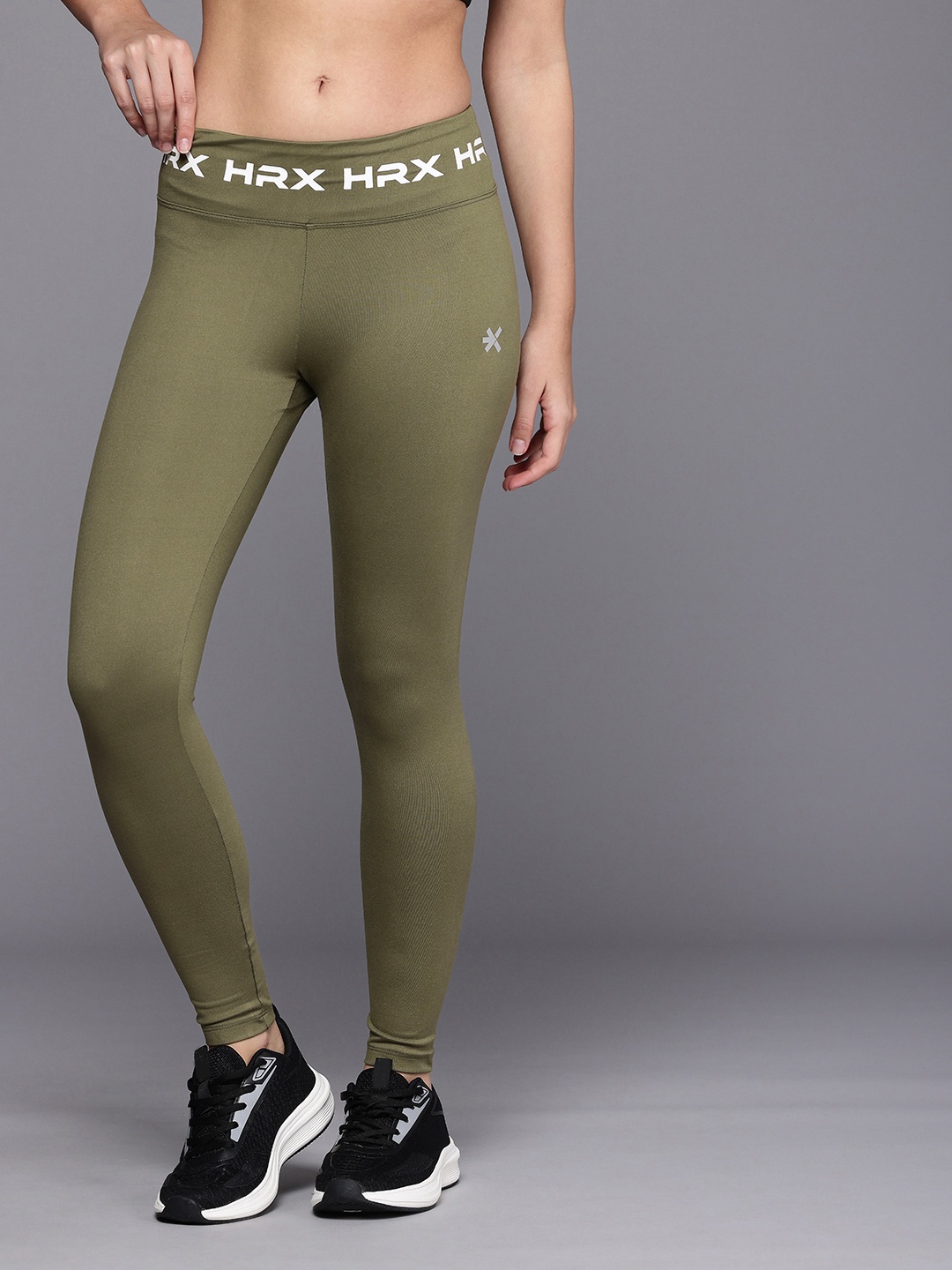 

HRX by Hrithik Roshan Brand Logo Printed Rapid-Dry Running Tights, Olive