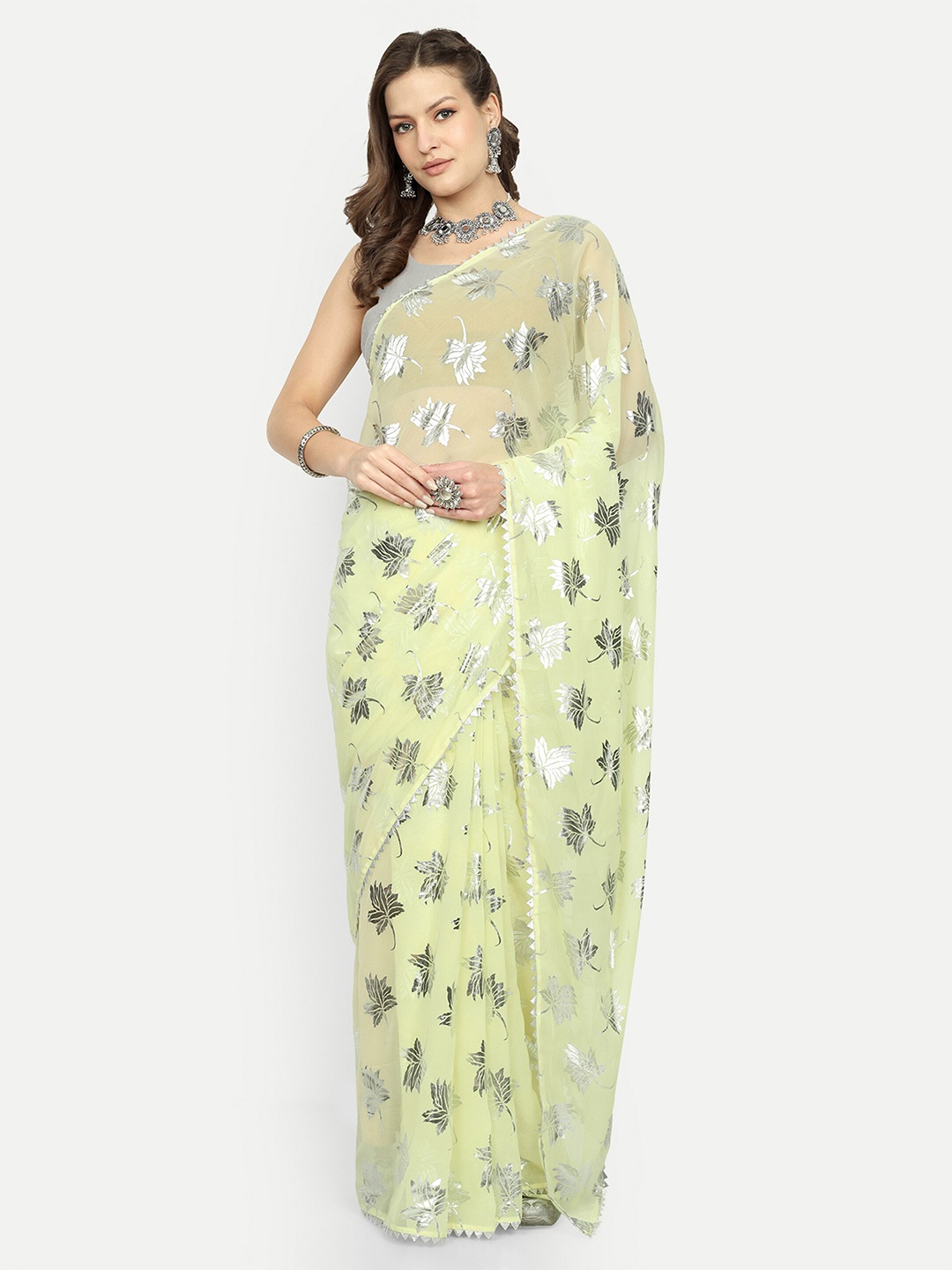 

Aardiva Embellished Pure Georgette Saree, Yellow