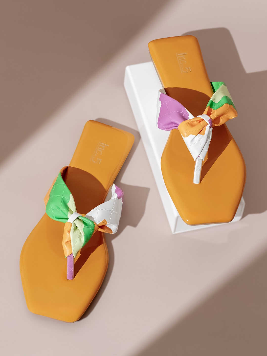 

Inc 5 Colourblocked Open Toe T-Strap Flats, Yellow