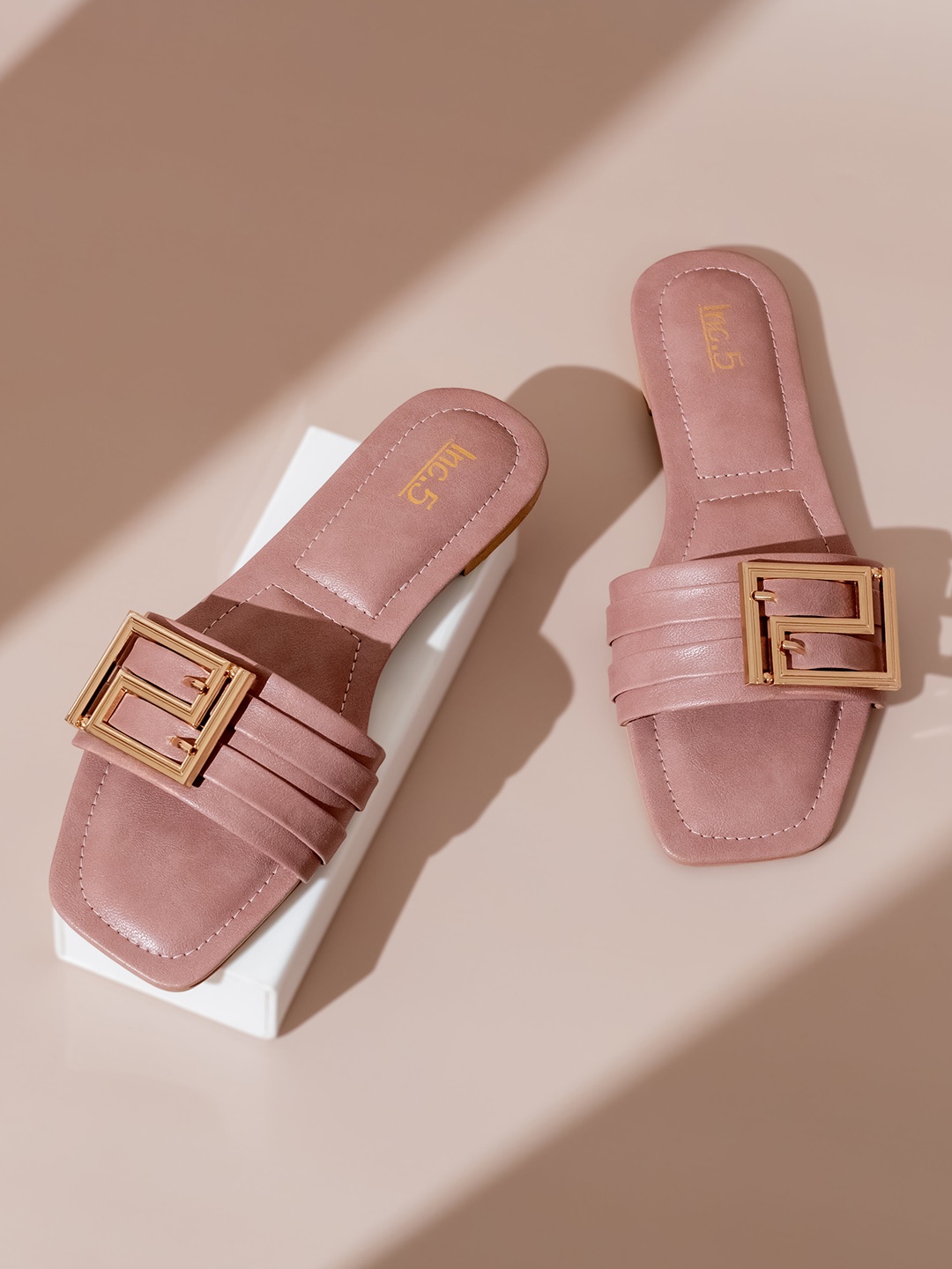 

Inc 5 Buckles Detail Open Toe Flats, Peach