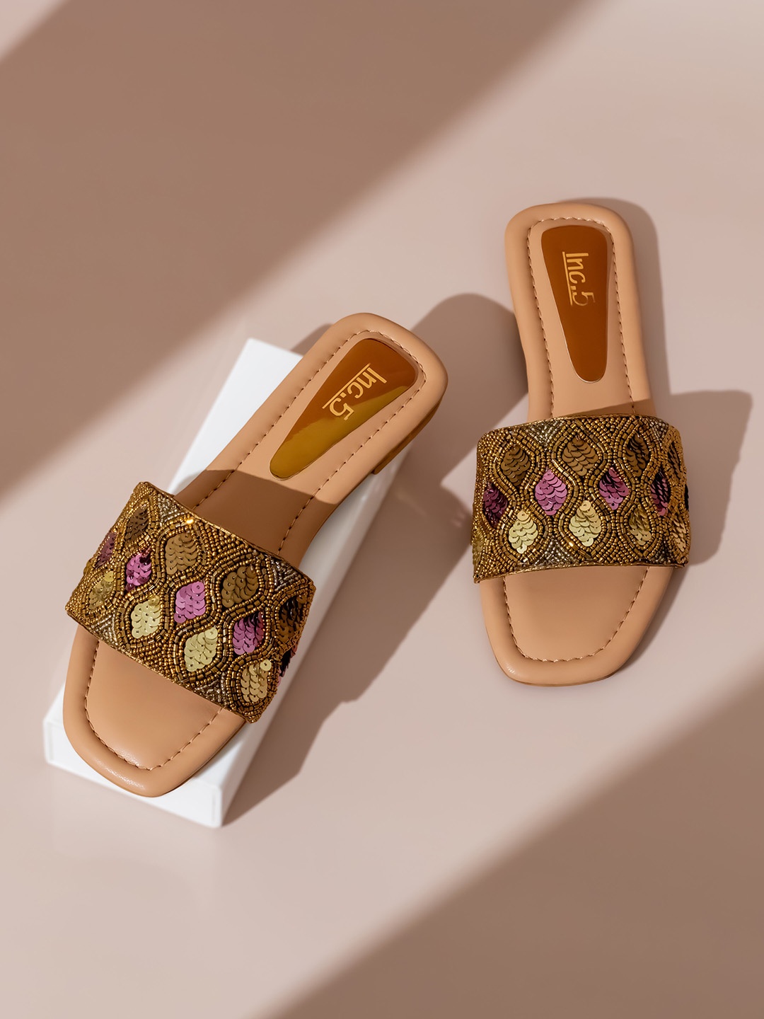 

Inc 5 Embellished Open Toe Flats, Gold