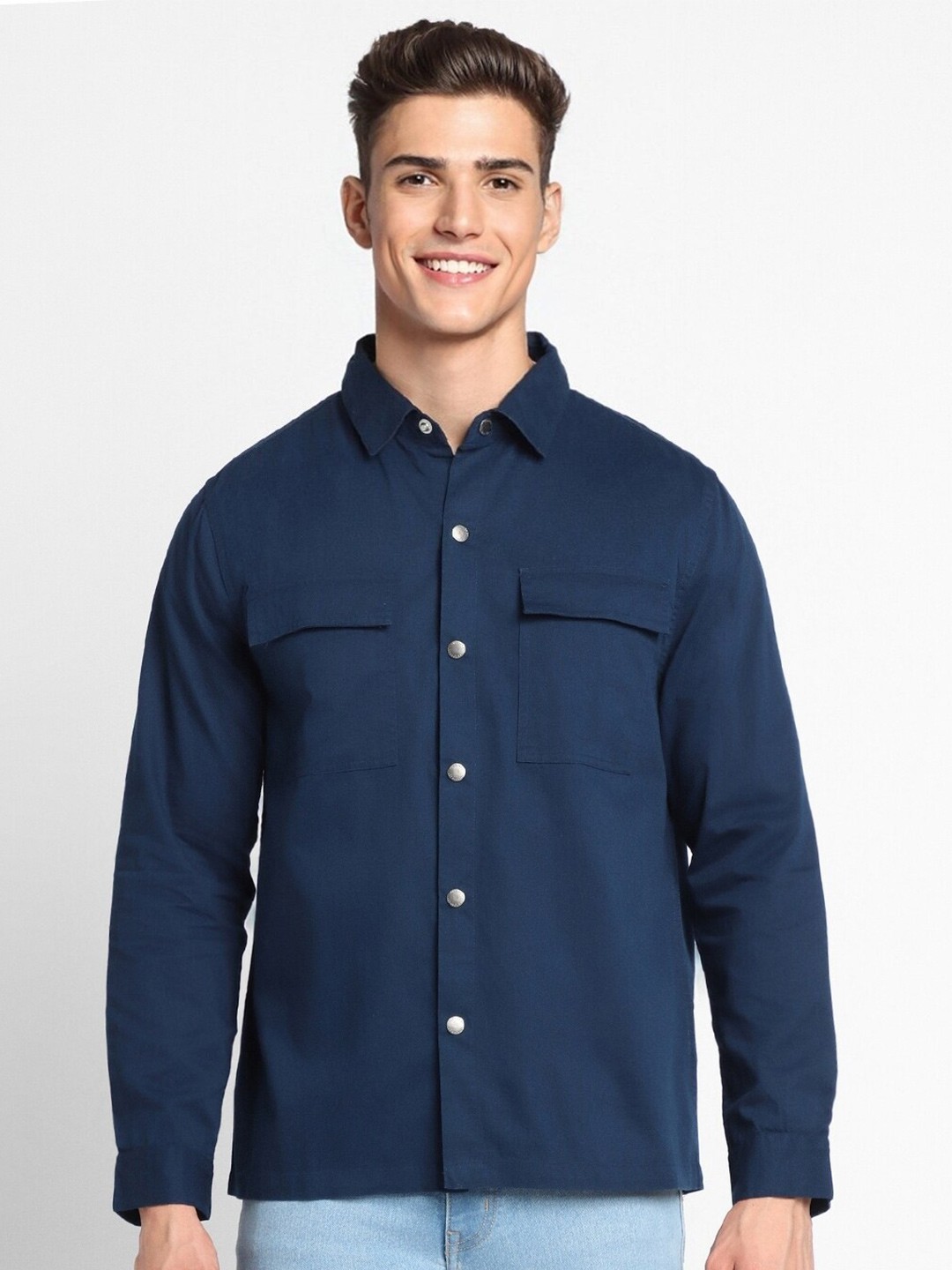

FOREVER 21 Spread Collar Long Sleeves Cotton Casual Shirt, Blue