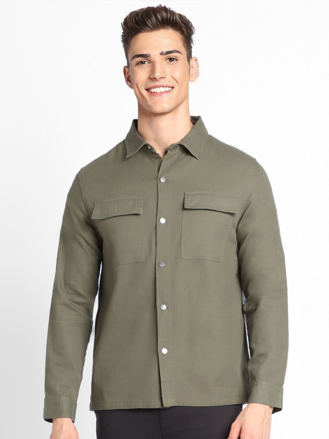 

FOREVER 21 Opaque Spread Collar Casual Shirt, Olive