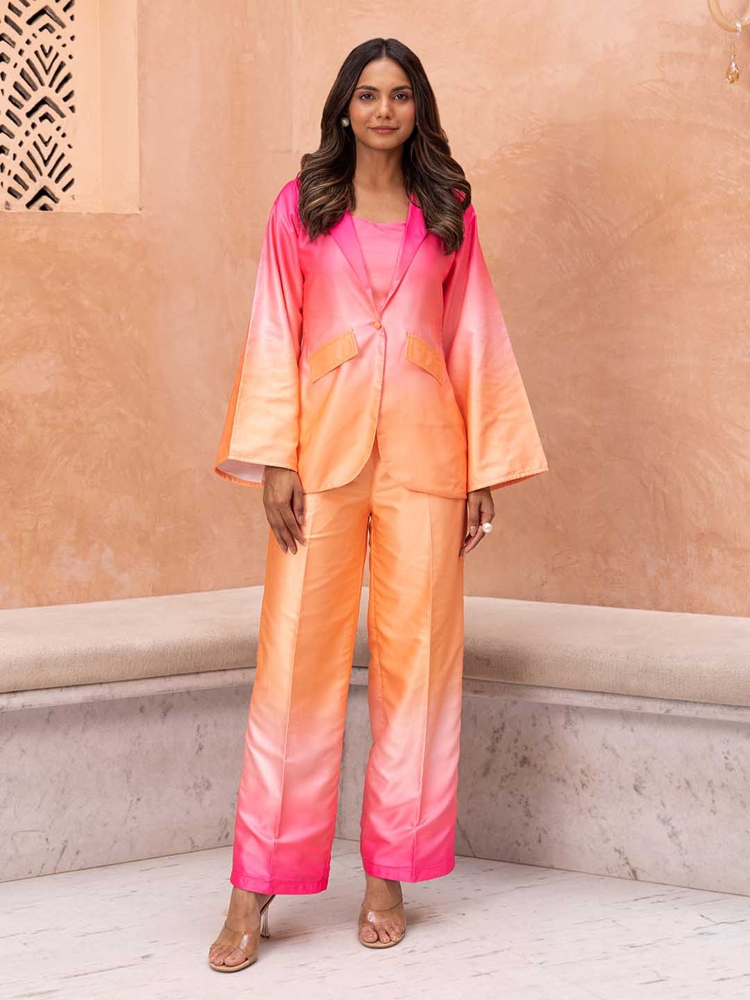 

B'Infinite Ombre Top With Notched Lapel Collar Long Sleeves Blazer & Trouser, Pink