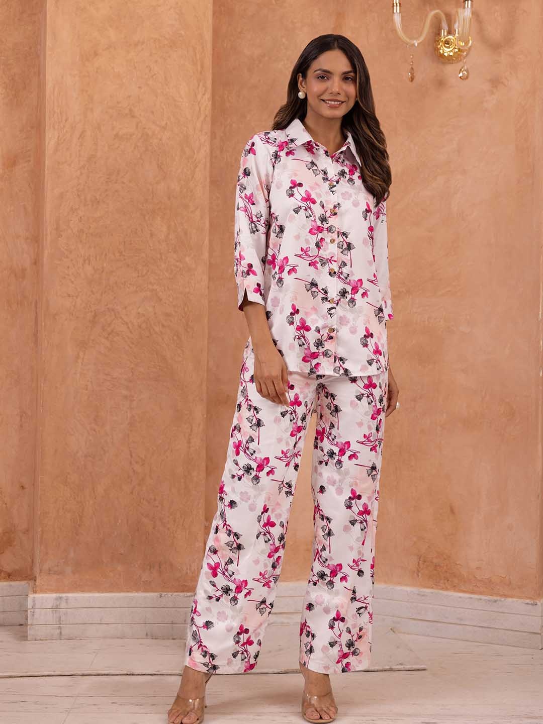 

B'Infinite Floral Printed Shirt Collar Shirt With Trousers, Pink