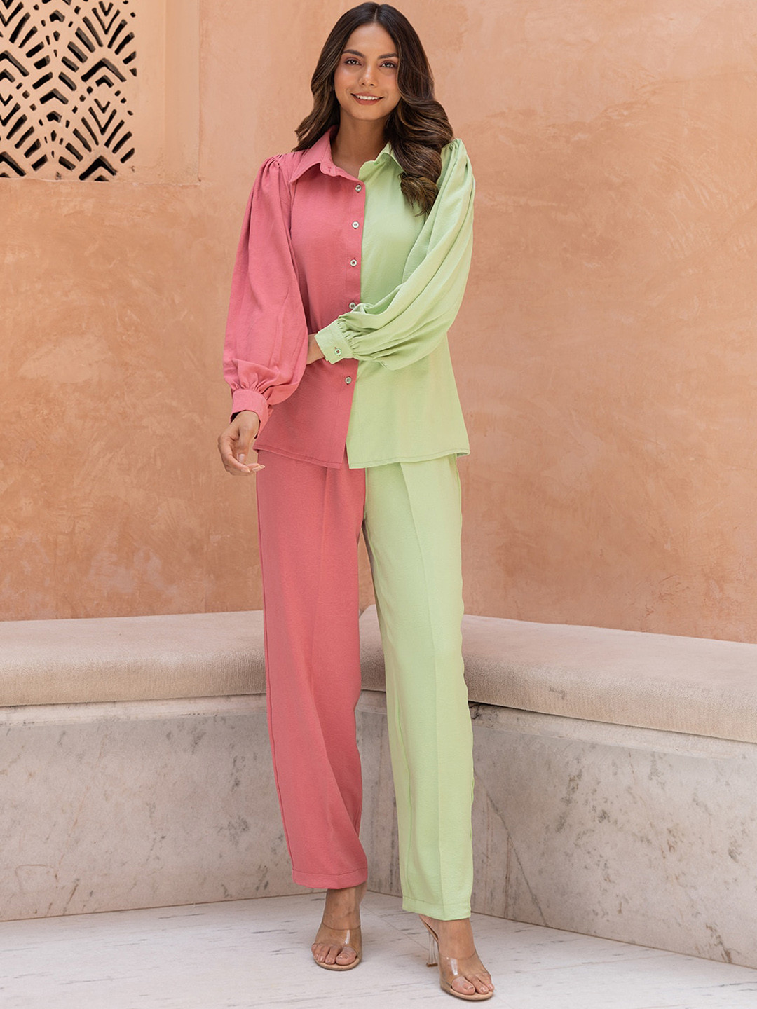 

B'Infinite Colourblocked Shirt Collar Neck Shirt & Flared Trouser, Pink