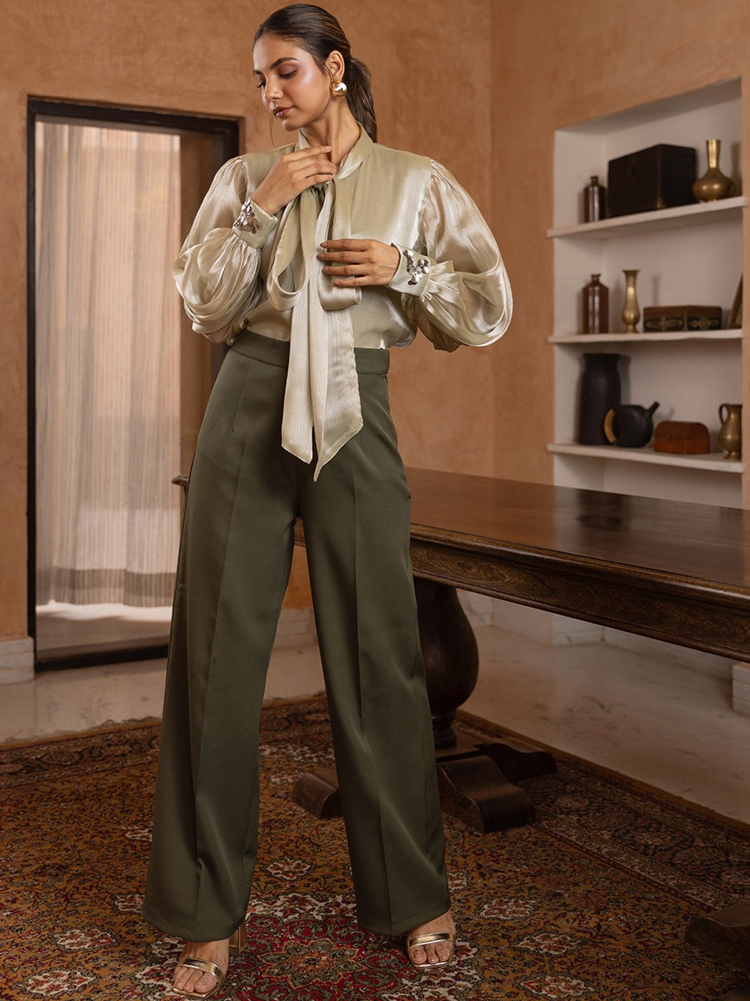 

B'Infinite Tie-Up Neck Shirt With Trousers, Green