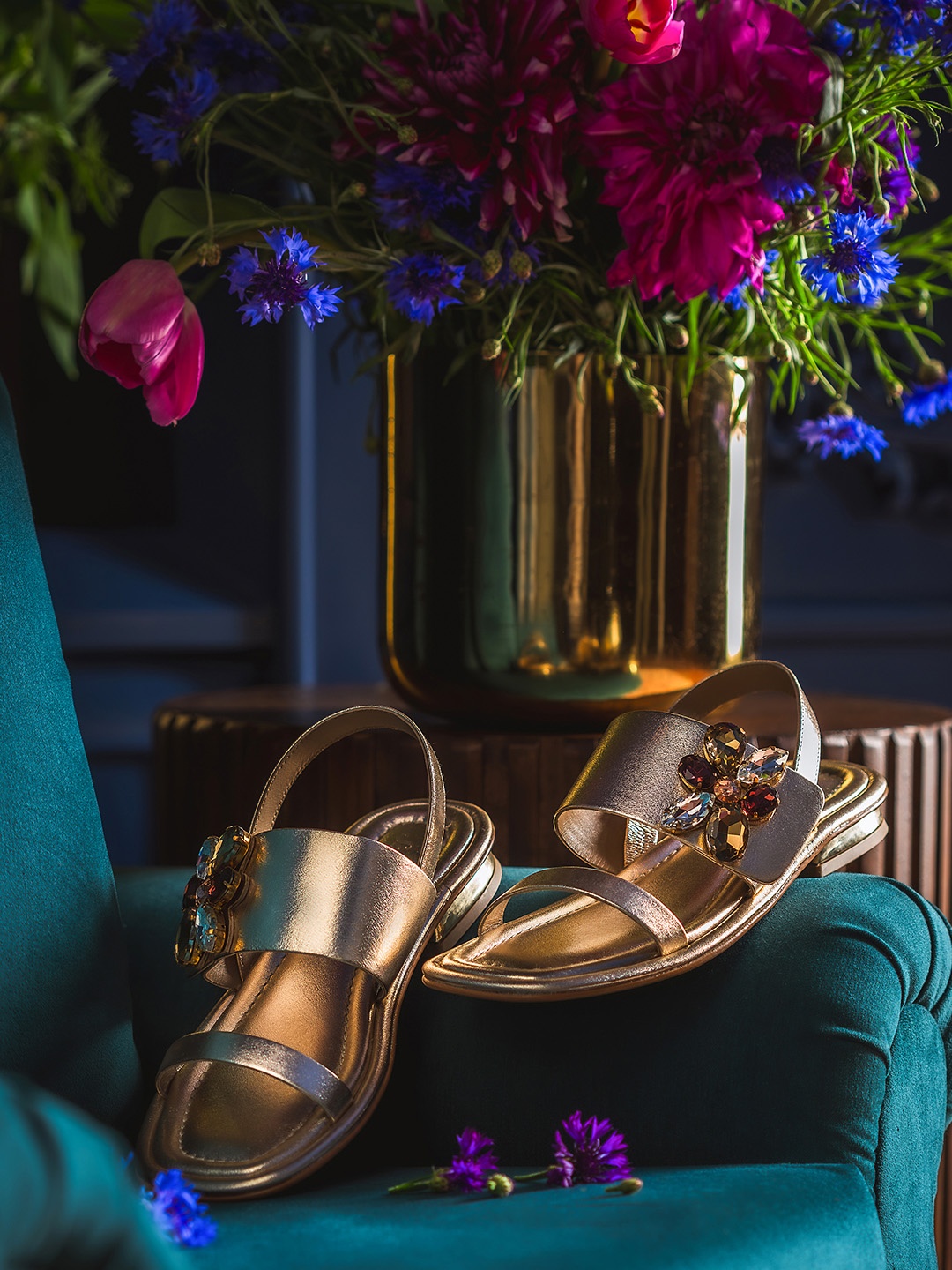 

Saint G Embellished Leather Open Toe Flats, Gold