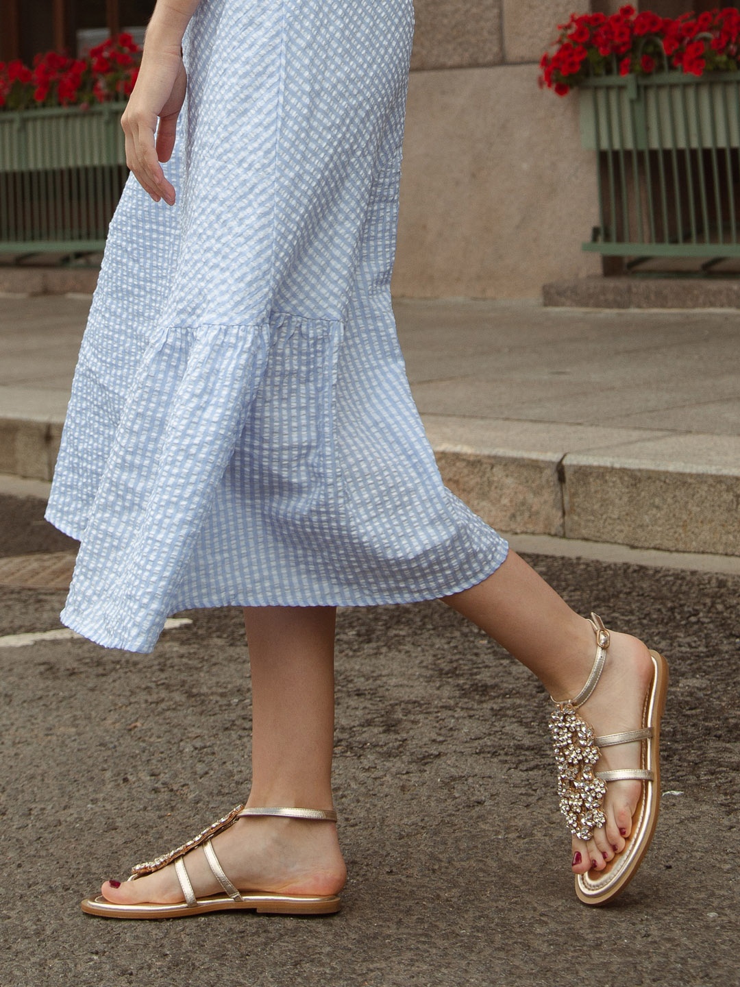 

Saint G Embellished Leather Open Toe Flats, Metallic