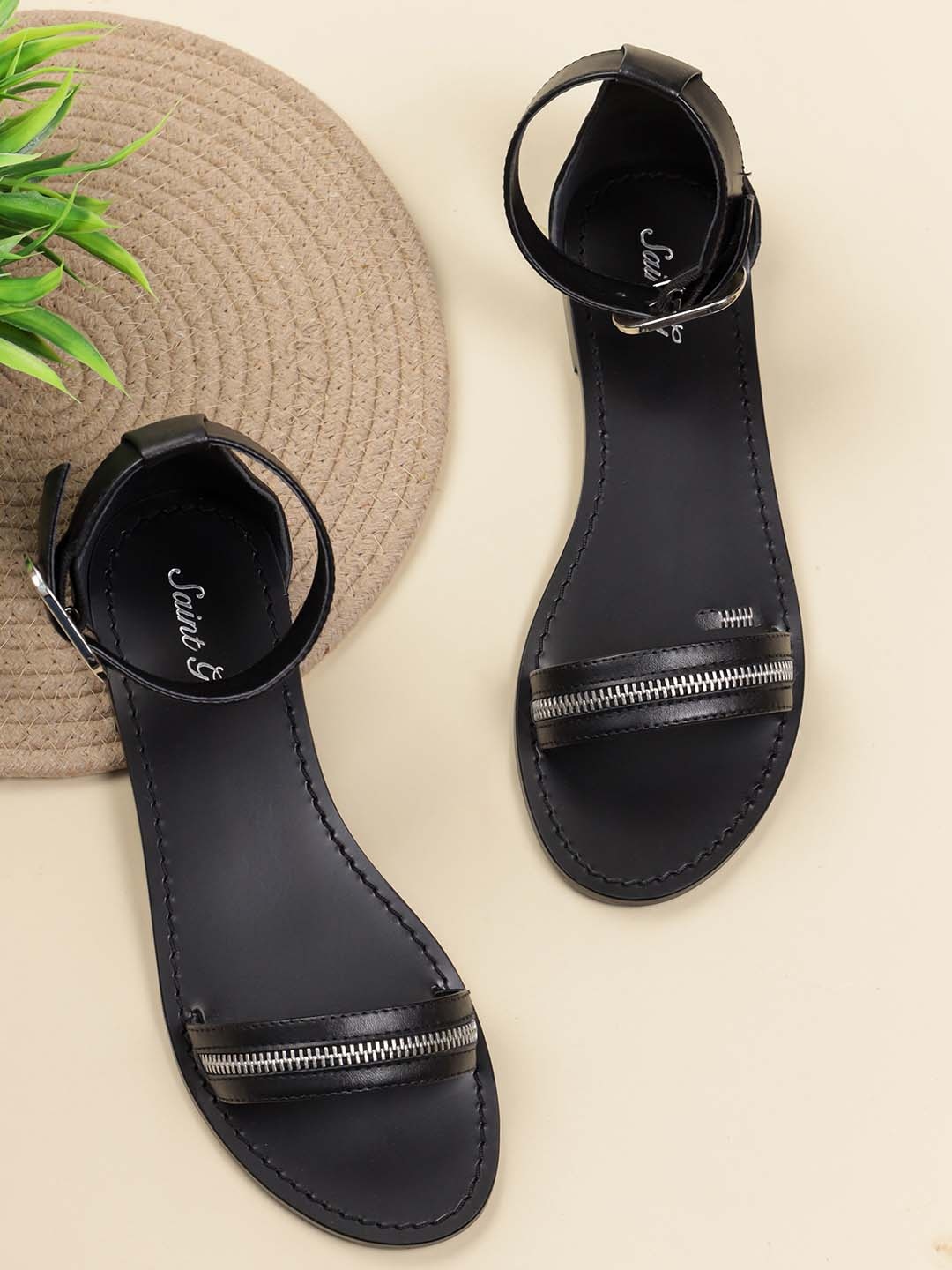 

Saint G Leather Open Toe Flats with Buckles, Black