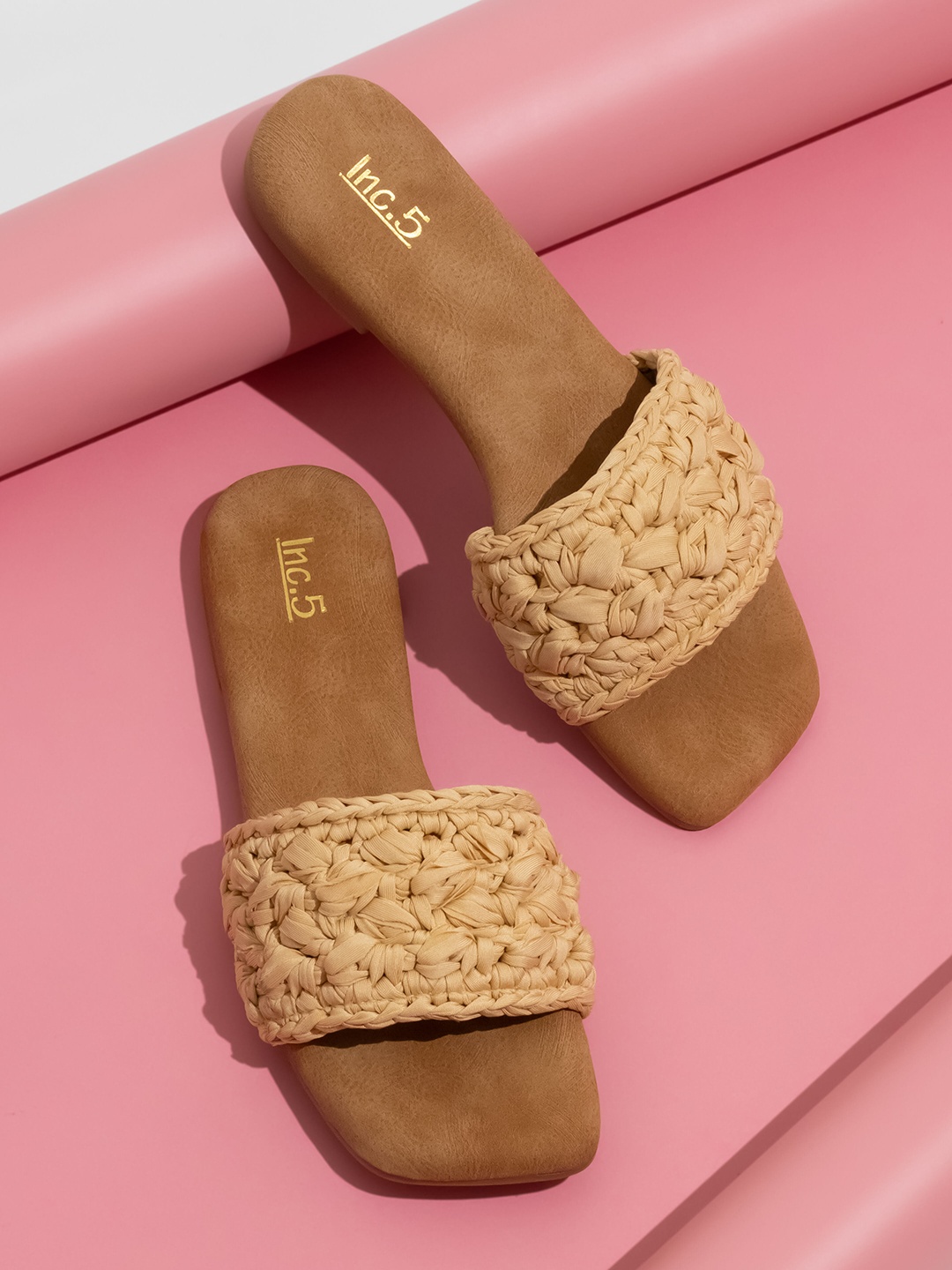 

Inc 5 Embroidered Open Toe Flats, Beige