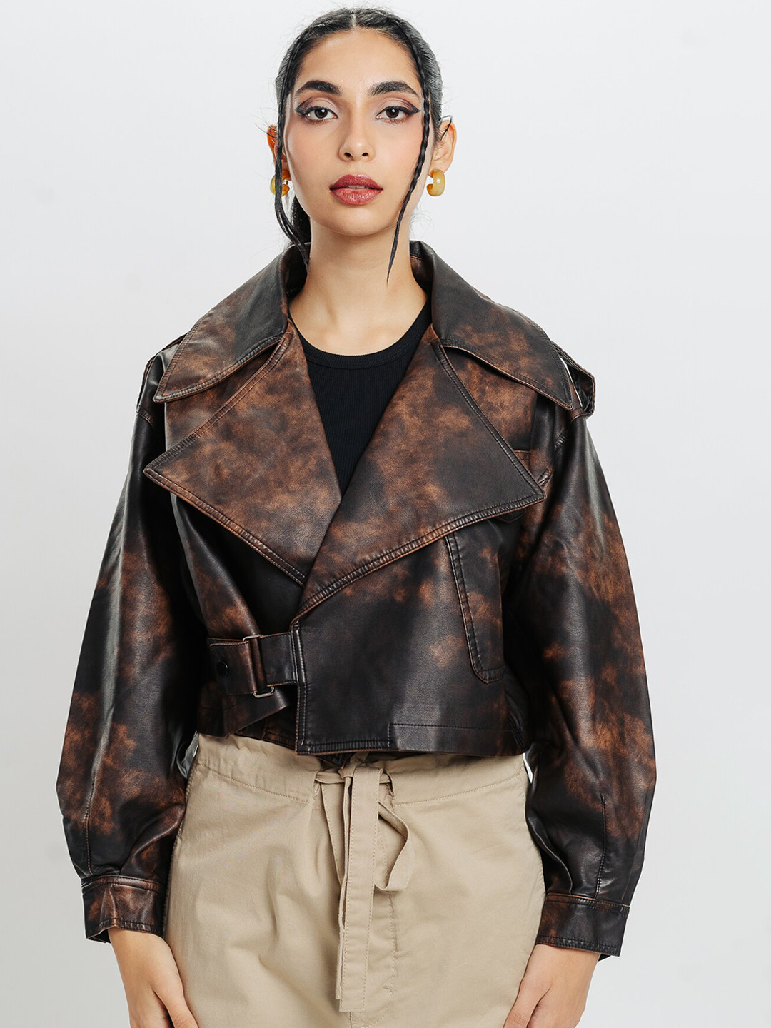 

FREAKINS Acid Washed Lapel Collar Crop Tailored Jacket, Brown