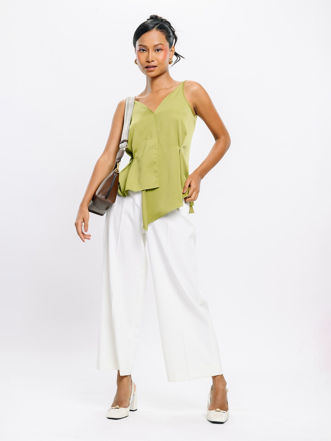 

FREAKINS V-Neck Satin Asymmetric Top, Green