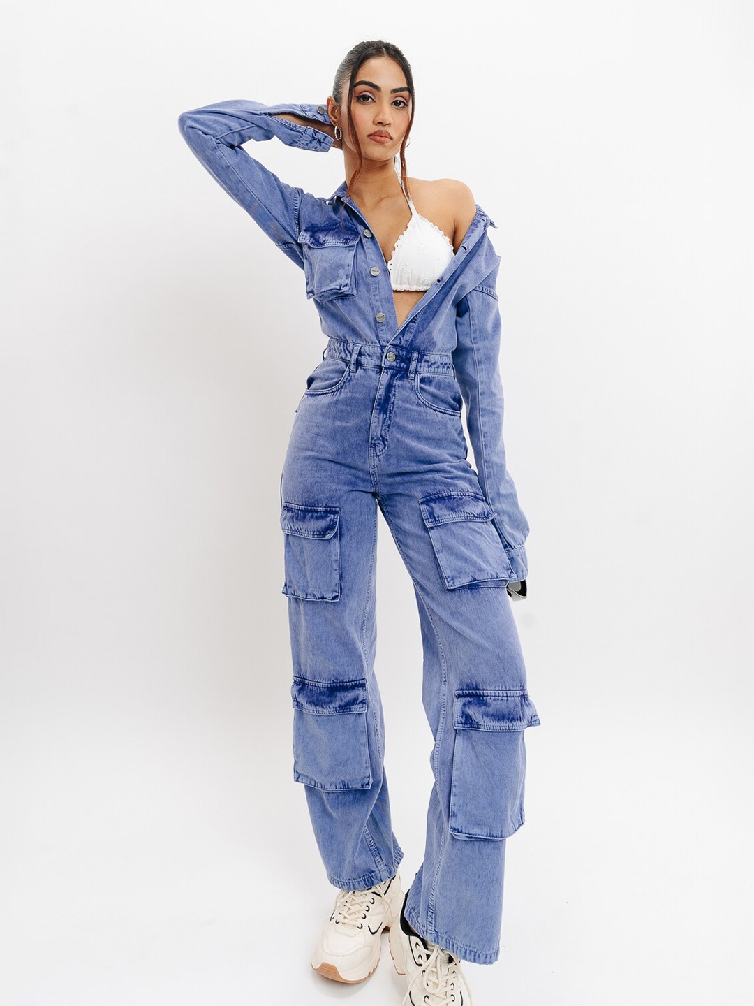 

FREAKINS Shirt Collar Carpenter Pure Cotton Basic Jumpsuit, Blue