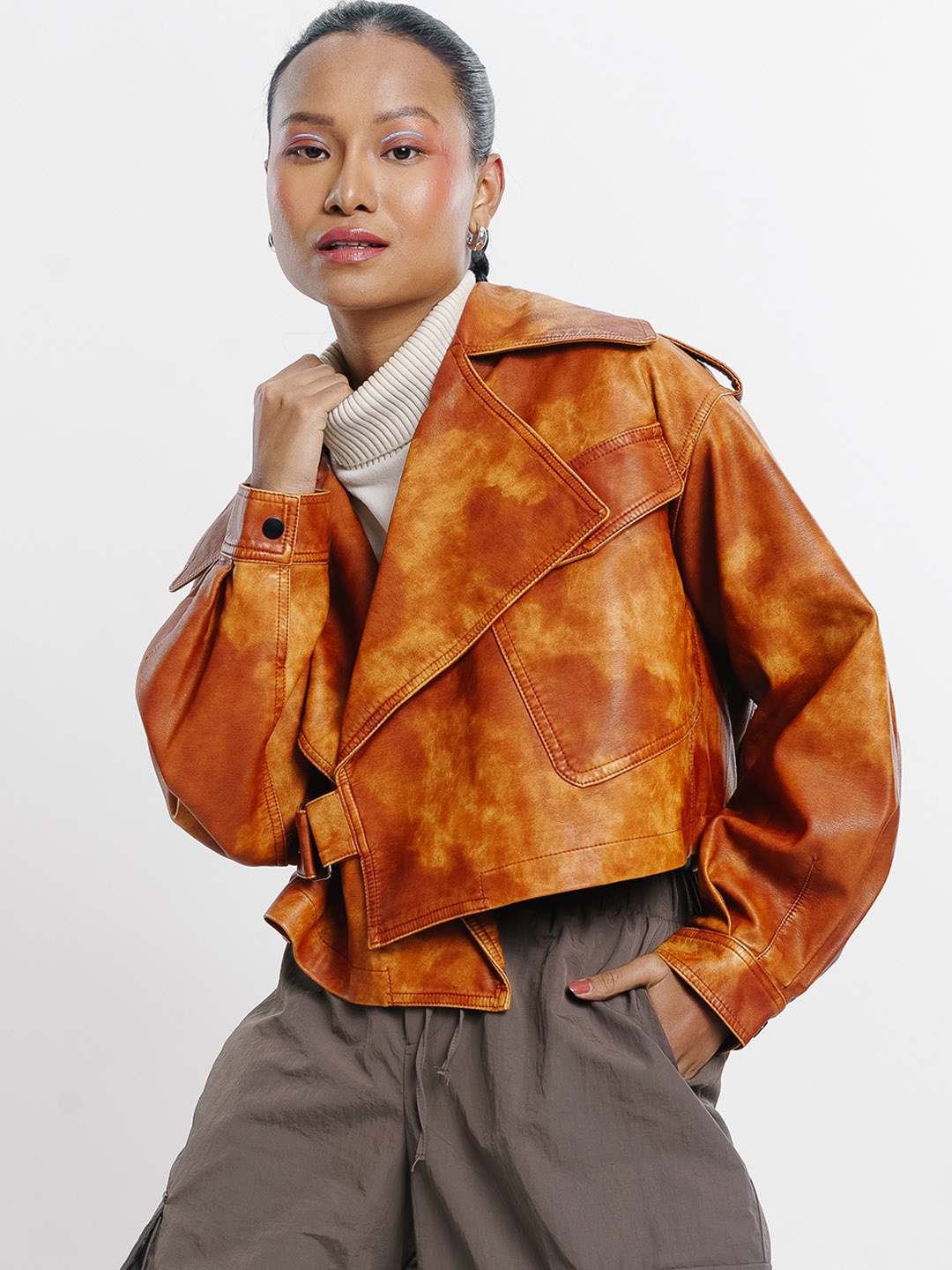 

FREAKINS Camouflage Printed Lapel Collar Crop Tailored Jacket, Rust
