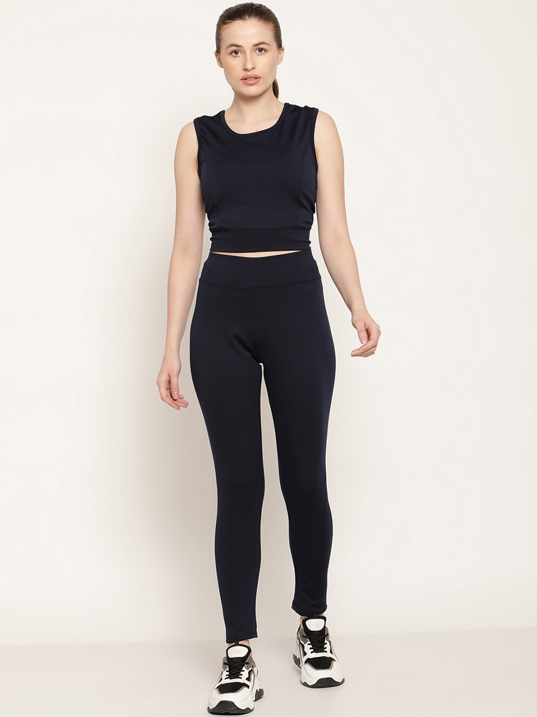 

Miaz Lifestyle Round Neck Sleeveless Crop Top & Tights, Navy blue