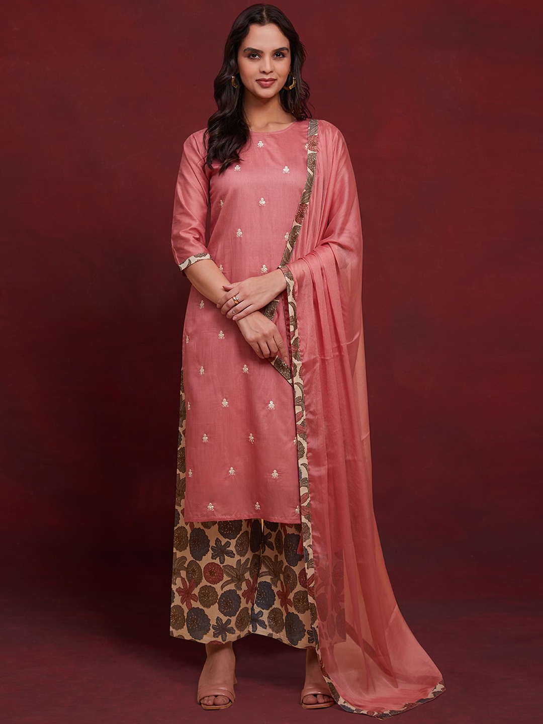 

KALINI Floral Embroidered Kurta with Palazzos & With Dupatta, Peach