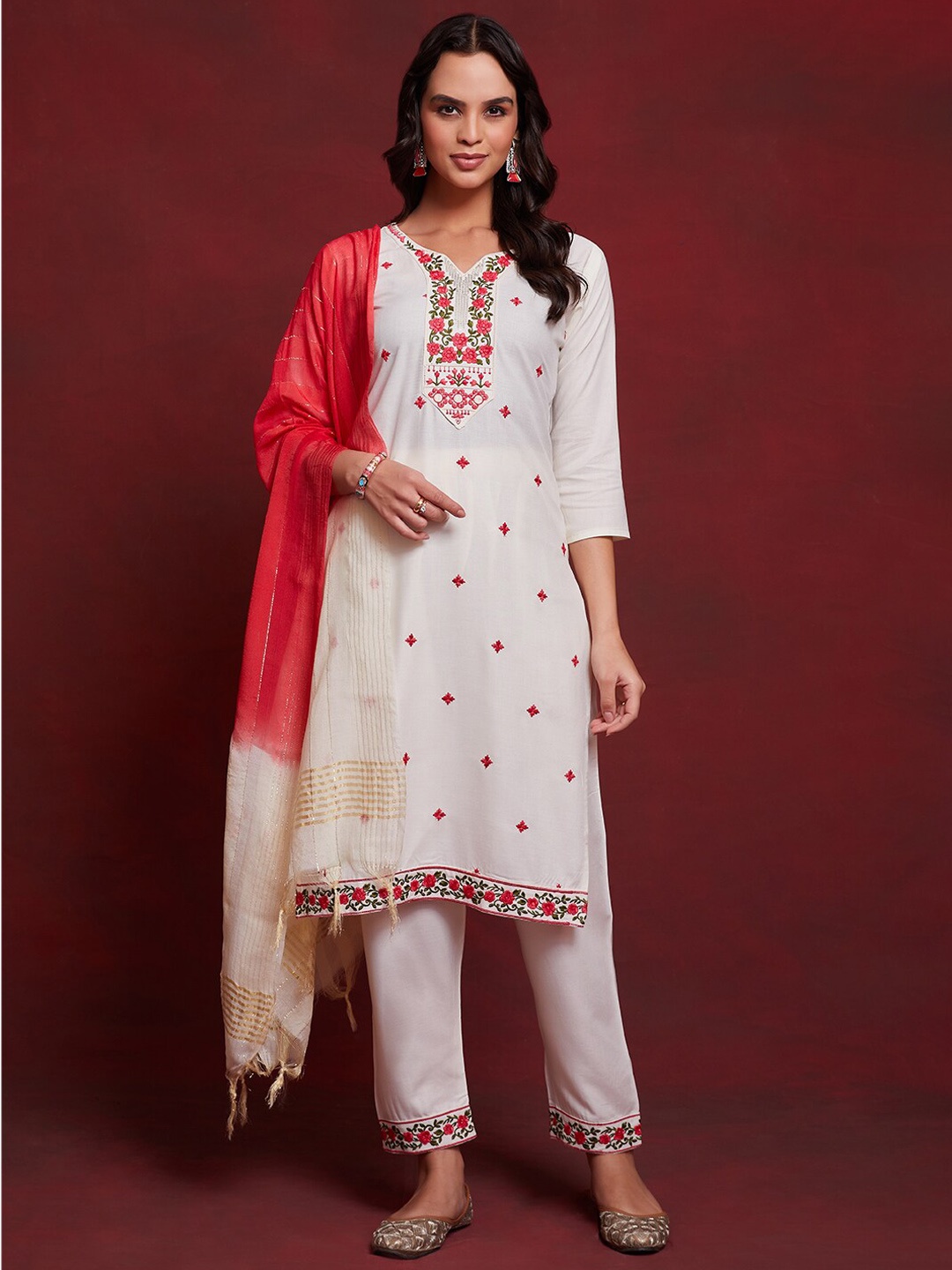 

KALINI Floral Embroidered Sequinned Regular Kurta With Trousers & Dupatta, Cream