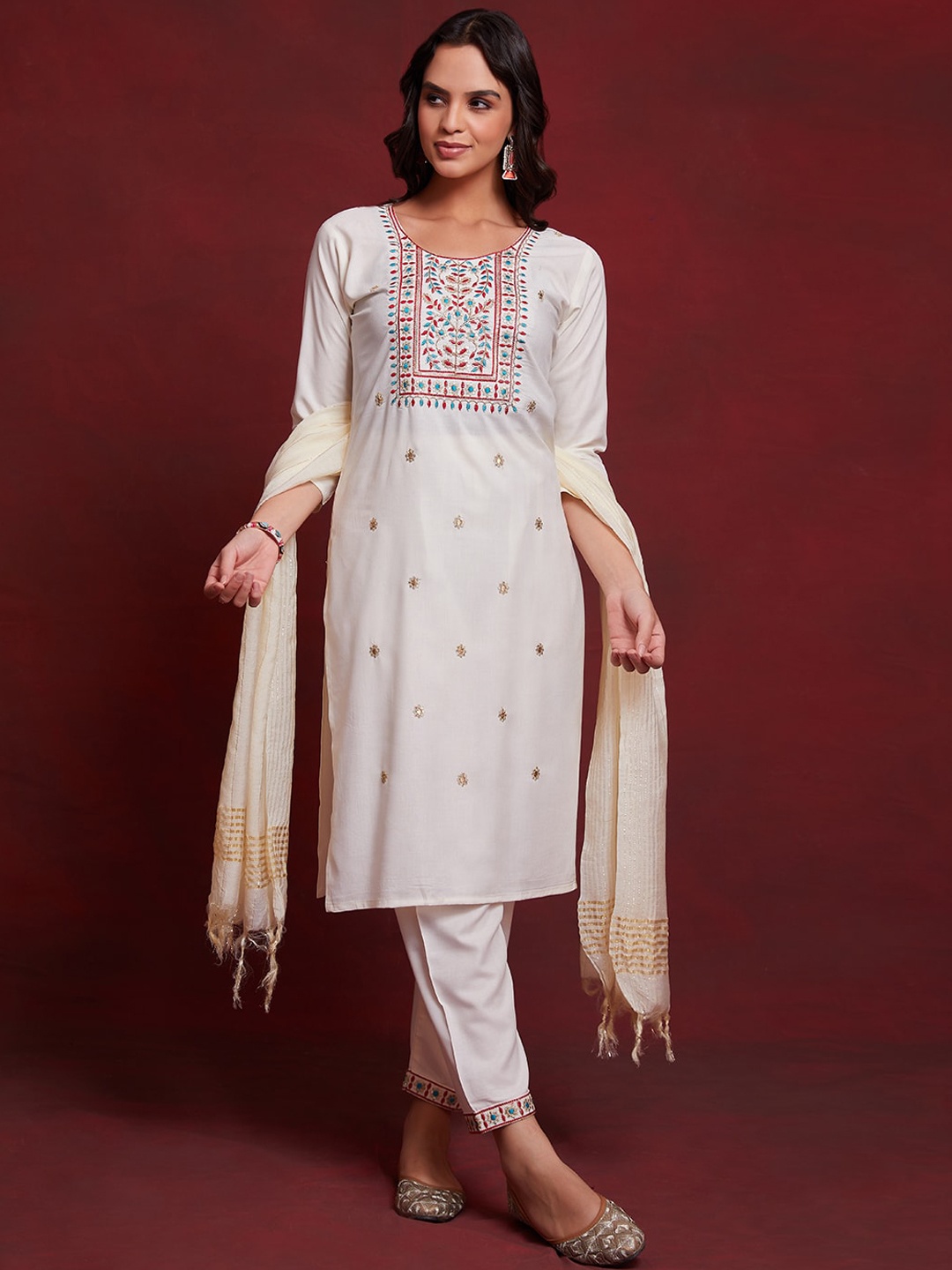 

KALINI Floral Embroidered Thread Work Straight Kurta & Trousers With Dupatta, Cream