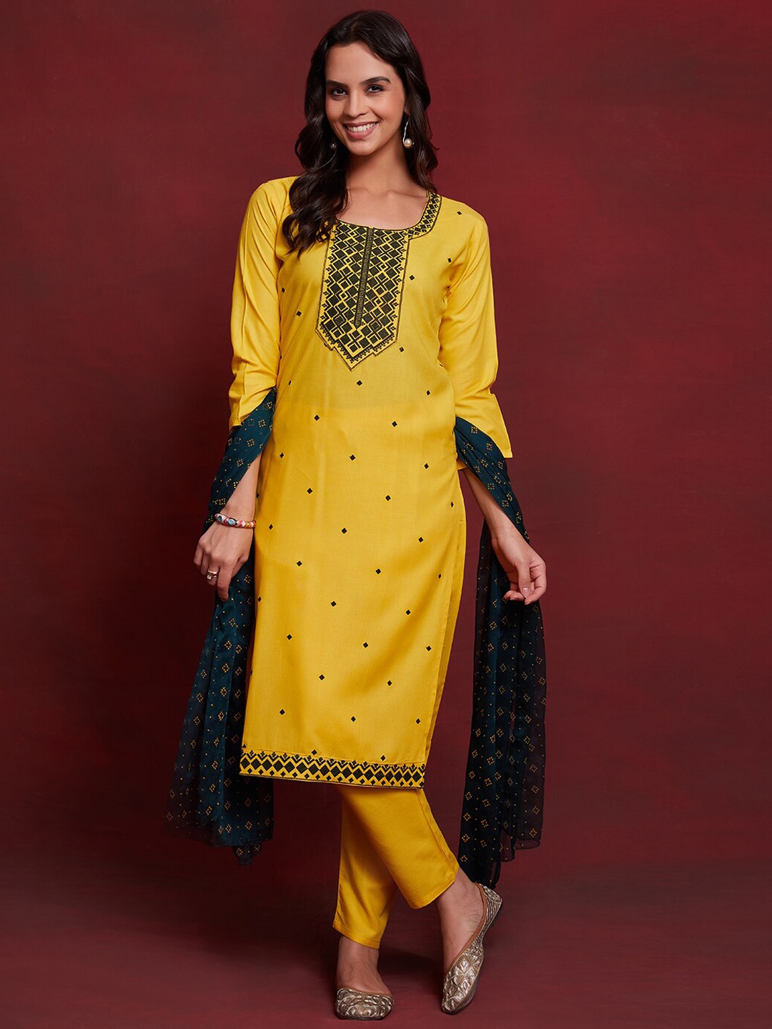 

KALINI Floral Embroidered Kurta with Trousers & With Dupatta, Yellow