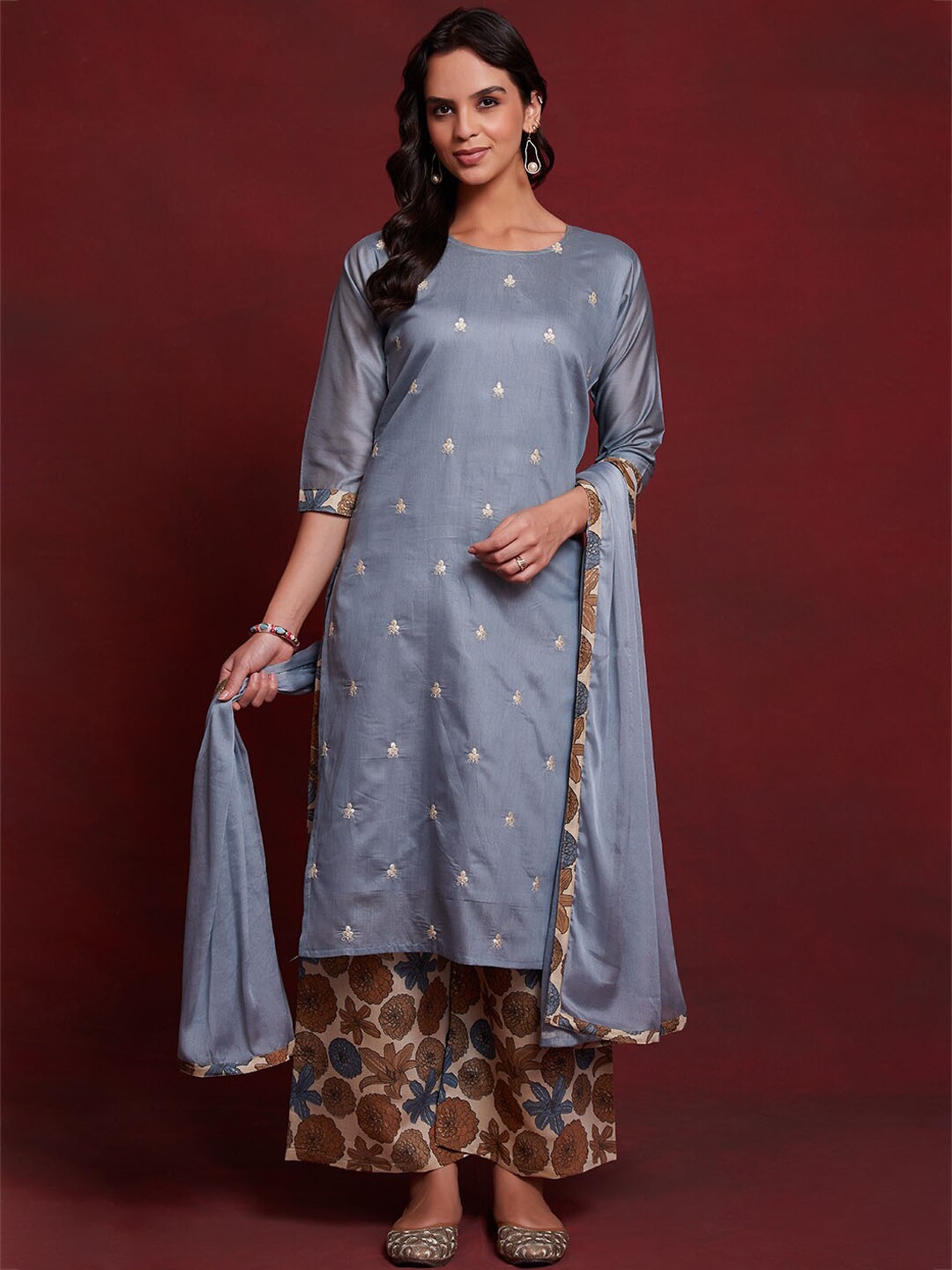 

KALINI Floral Embroidered Straight Kurta with Palazzo & Dupatta, Blue