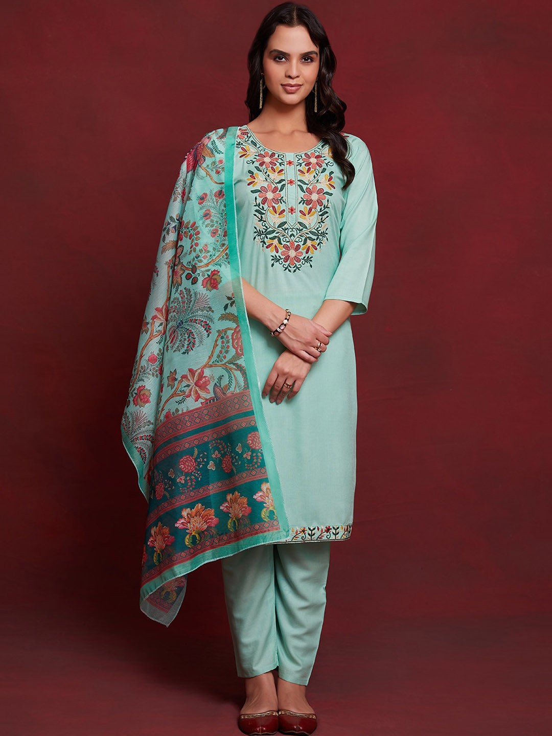 

KALINI Floral Embroidered Straight Kurta with Trousers & Dupatta, Green