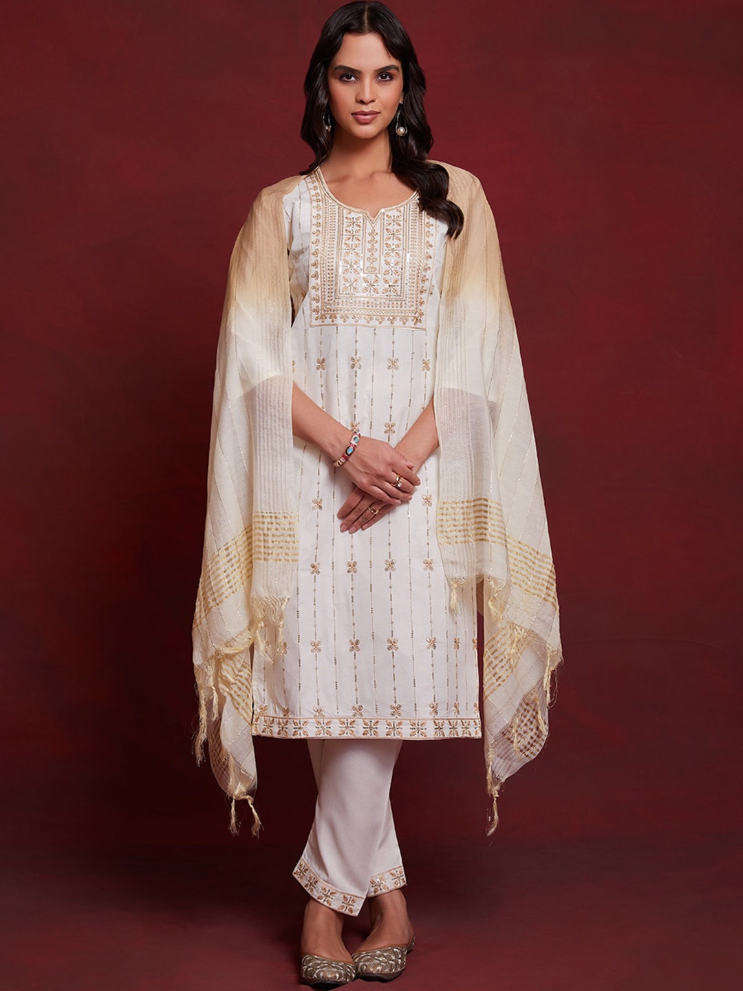 

KALINI Floral Embroidered Sequinned Straight Kurta & Trousers With Dupatta, Cream