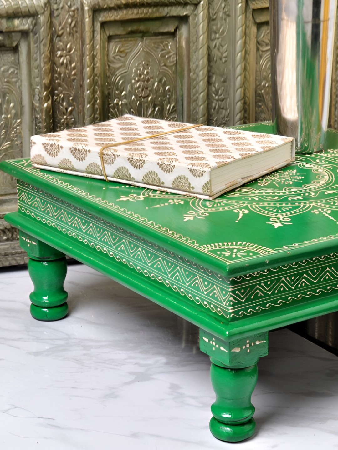 

Lal Haveli Green Self design Textured Wooden Chowki