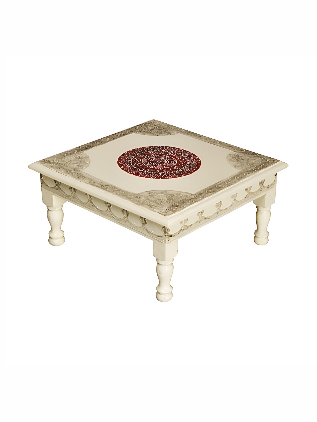 

Lal Haveli White Self design Textured Wooden Chowki