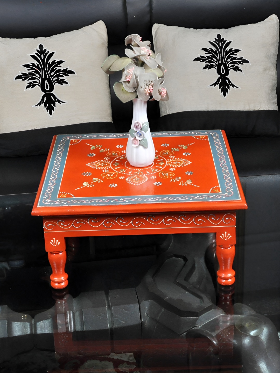

Lal Haveli Orange & Blue Self design Textured Wooden Chowki
