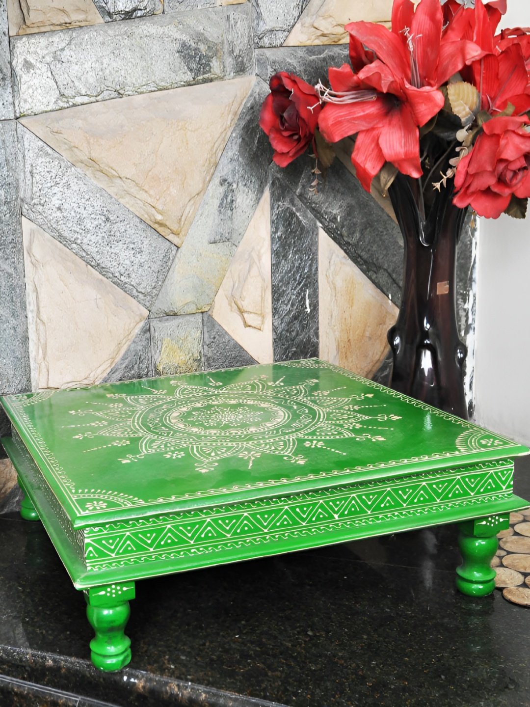 

Lal Haveli Green Self design Textured Wooden Chowki