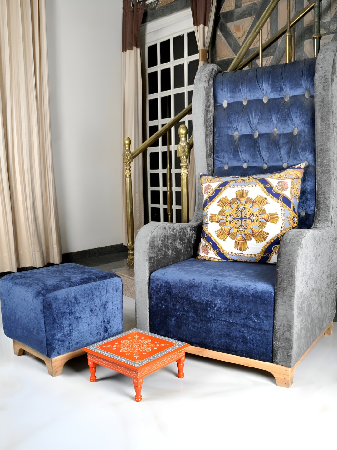

Lal Haveli Orange Self design Textured Wooden Chowki