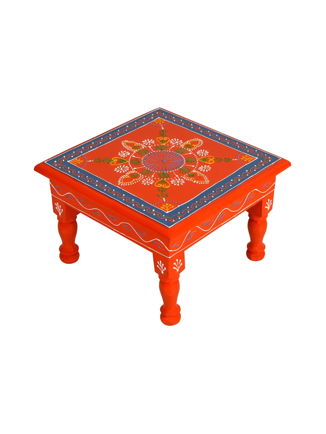 

Lal Haveli Orange Coloured & Blue Self design Textured Wooden Chowki