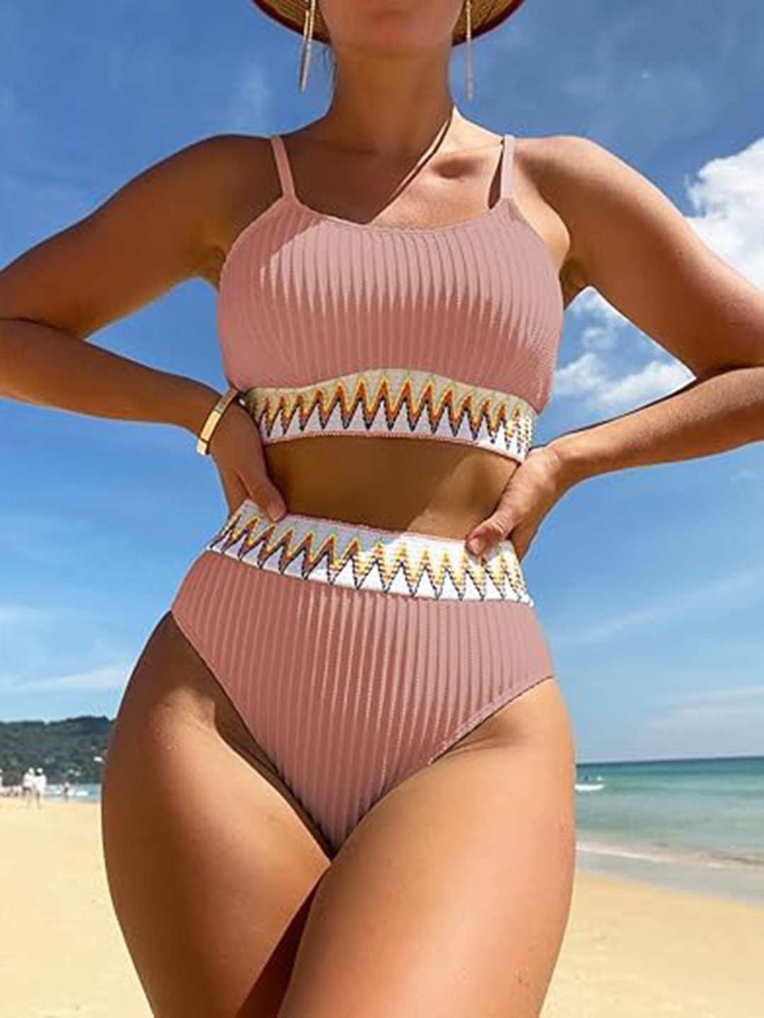 

Addery Self-Striped Swim Bikini Set, Peach