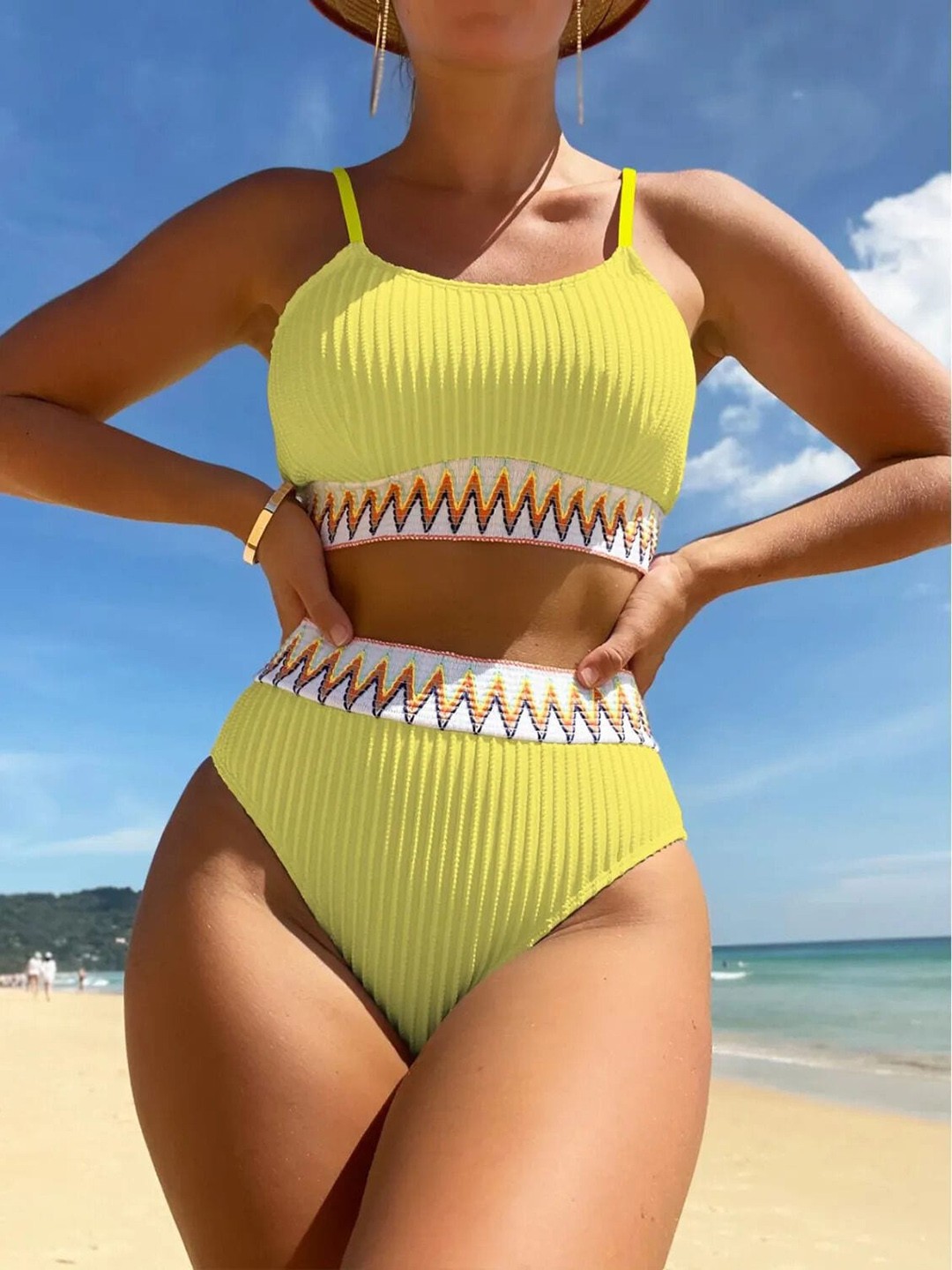 

Addery Shoulder Strap Neck Swim Bikini Set, Yellow